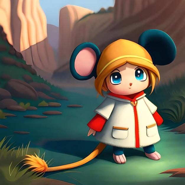 Un personnage de dessin animé avec un chapeau et une souris à l'état sauvage.