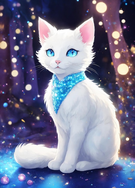 Personnage de dessin animé un chat blanc avec un manteau argenté et des yeux bleus étincelants le manteau est saupoudré de