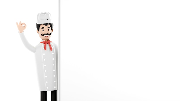 Personnage de dessin animé, chef avec bannière, maquette de menu vide. Le chef joyeux sourit. rendu 3D.