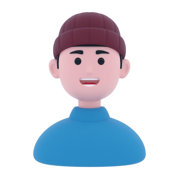 Un personnage de dessin animé avec une chemise bleue et une casquette marron sourit.