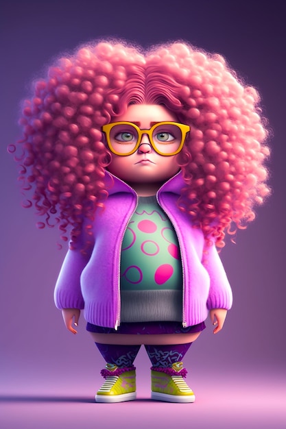 Un personnage de dessin animé avec des cheveux roses et des lunettes qui dit "cheveux roses"