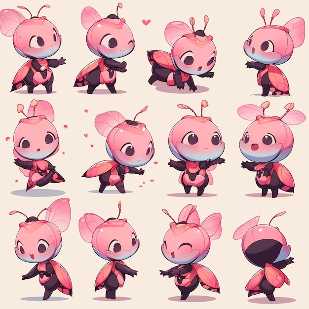 personnage de dessin animé cochon pose pour différentes poses et expressions générative ai