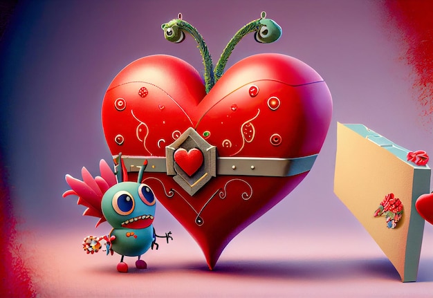personnage de dessin animé avec un coeur rouge comme carte de voeux faite avec la Saint-Valentin ou l'anniversaire de l'IA générative