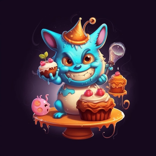 Un personnage de dessin animé avec un cupcake et un cochon dessus.