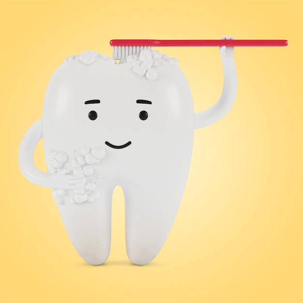 Personnage de dessin animé d'une dent avec une brosse à dents. Le concept d'examen dentaire des dents, de la santé dentaire et de l'hygiène. Illustration 3D.