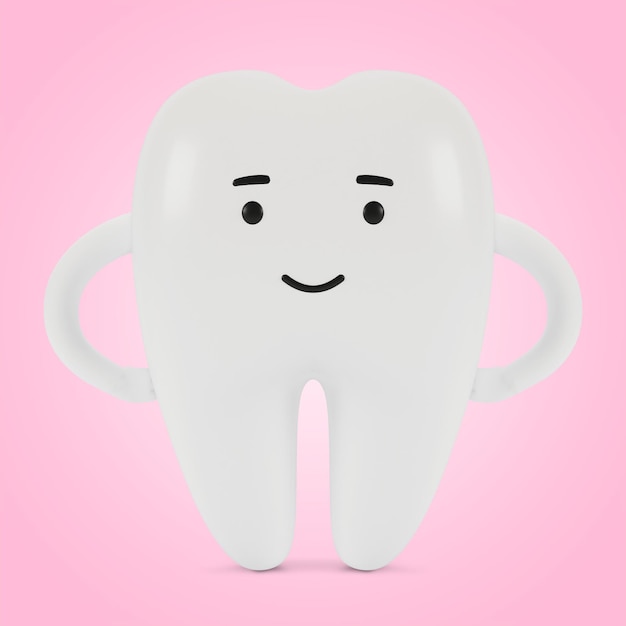 Personnage de dessin animé de dent. Le concept d'examen dentaire des dents, de la santé dentaire et de l'hygiène. Illustration 3D.