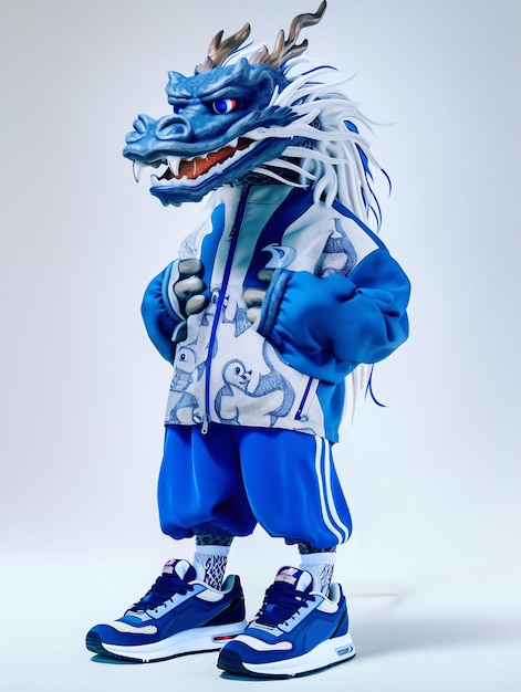 un personnage de dessin animé de dragon chinois portant des vêtements de sport chinois bleus et blancs des années 1980