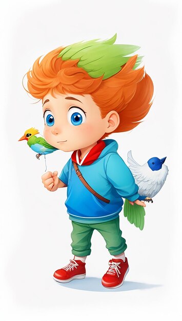 Photo personnage de dessin animé d'enfant tenant un oiseau sur fond blanc