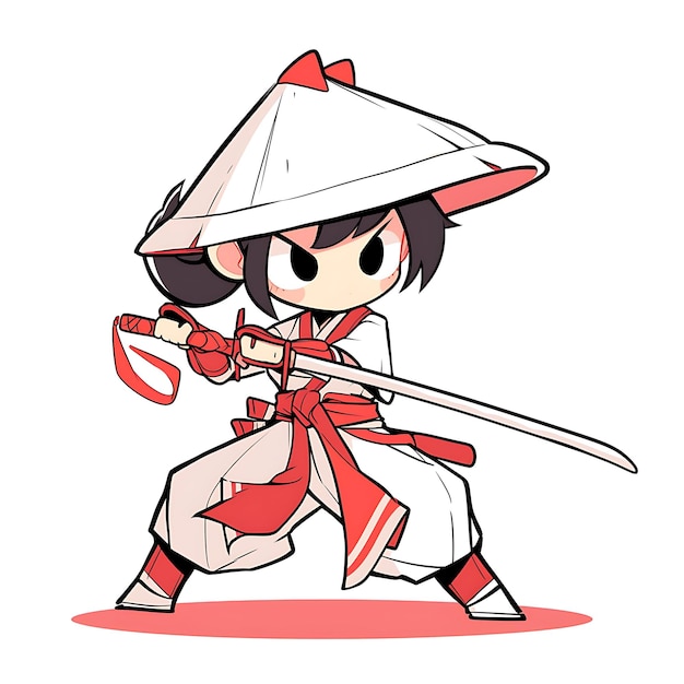 un personnage de dessin animé avec une épée et une image de dessin illustré d'une fille en kimono rouge