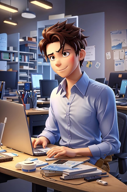 Le personnage de dessin animé est assis avec un concepteur de codeur d'ordinateurs portables ou un patron et gestionnaire d'employé de bureau