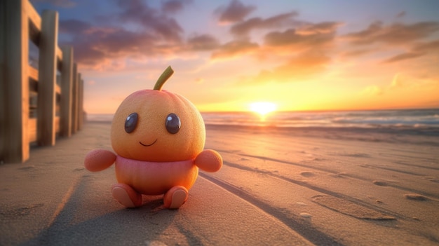 Un personnage de dessin animé est assis sur une plage avec un coucher de soleil en arrière-plan.