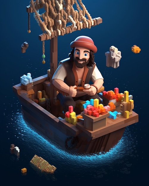 Un personnage de dessin animé est sur un bateau avec un navire en arrière-plan.