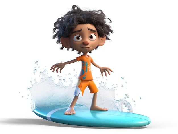 Un personnage de dessin animé est debout sur une planche de surf avec le mot surf dessus.