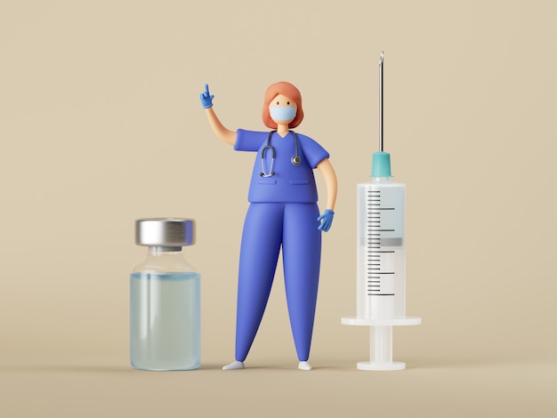 Personnage de dessin animé femme médecin avec grosse seringue et bouteille en verre avec liquide bleu clair