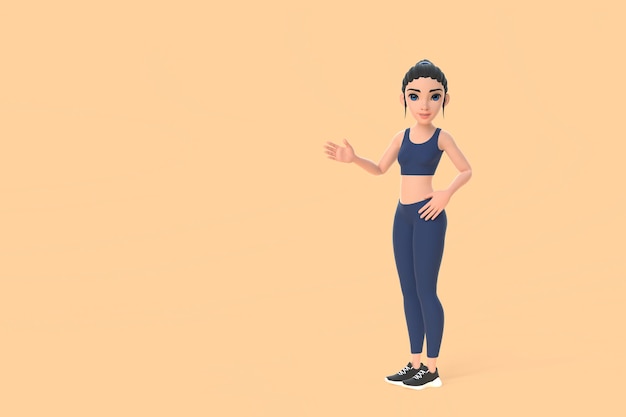 Personnage de dessin animé femme en vêtements de sport hows vous la façon de pointer sa main sur un fond beige 3D