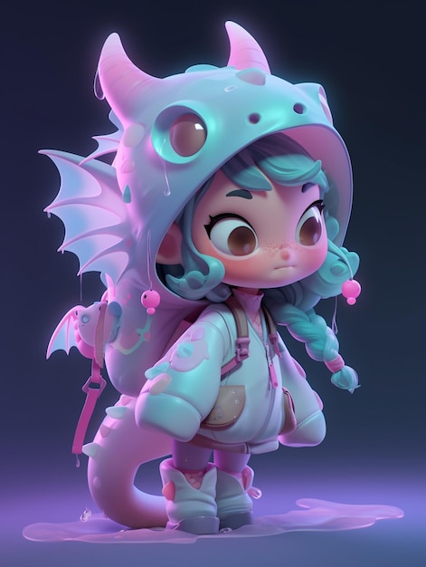 Personnage de dessin animé d'une fille avec un costume de dragon et un sac à dos