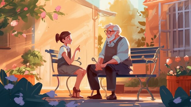 Un personnage de dessin animé avec une fille qui parle sur un banc
