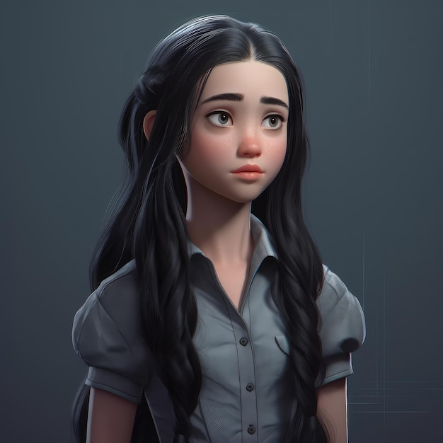 Personnage de dessin animé fille de style gothique 3d beaux cheveux noirs ressemble à mercredi Adams