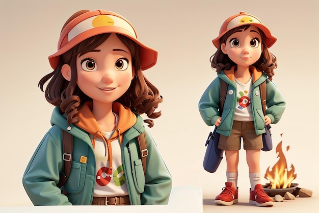 Personnage de dessin animé d'une fille en tenue de camping