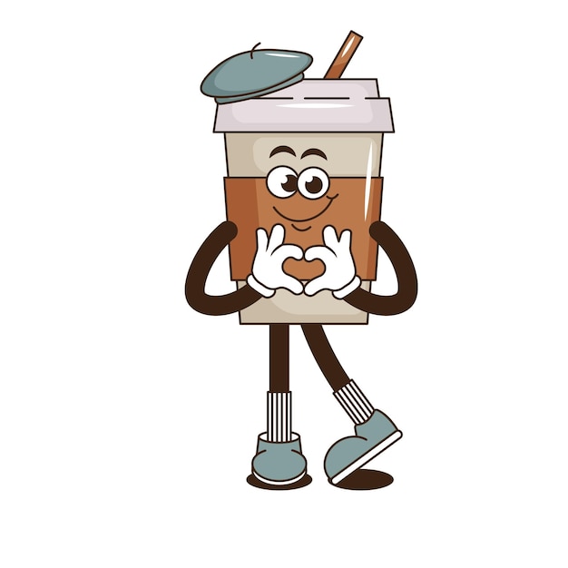 Un personnage de dessin animé funky et groovy, un autocollant de café, une mascotte vintage, un patch rapide, un sourire psychédélique, une émotion.