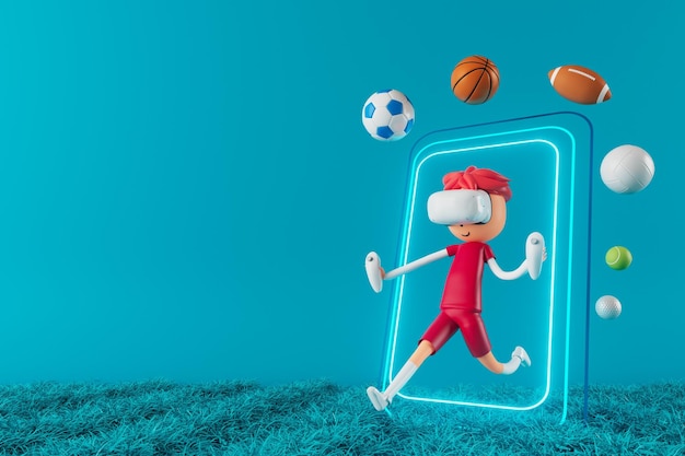 personnage de dessin animé de garçon 3d dans l'action de football