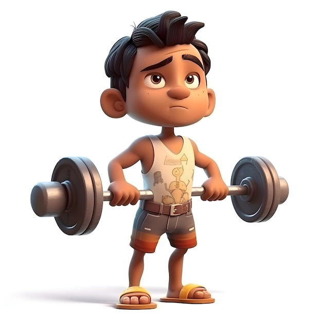 Personnage de dessin animé d'un garçon soulevant une barre lourde avec une expression sérieuse