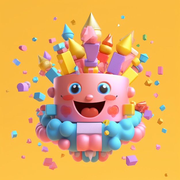 Un personnage de dessin animé avec un gâteau d'anniversaire au milieu.