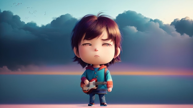 Un personnage de dessin animé avec une guitare devant un ciel nuageux