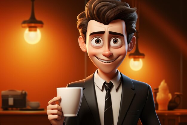 un personnage de dessin animé habillé servant une tasse de café