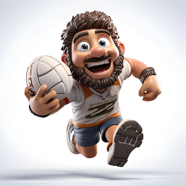 Personnage de dessin animé d'un homme avec une balle de rugby illustration 3D