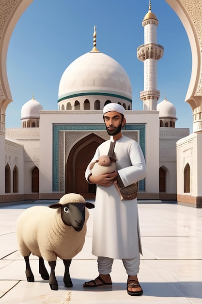 Personnage de dessin animé d'un homme tenant des moutons devant une mosquée