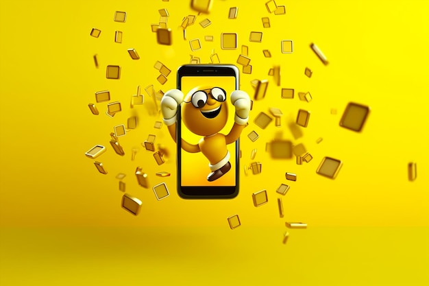 Un personnage de dessin animé jaune est sur un écran de téléphone avec un fond jaune.