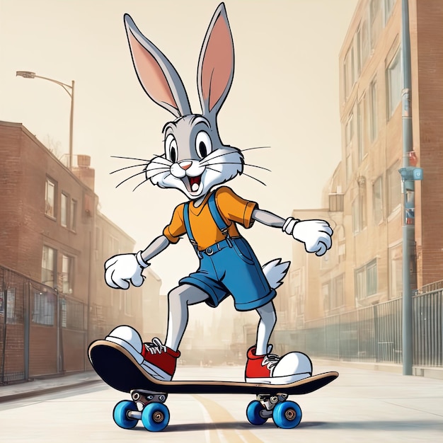 personnage de dessin animé d'un lapin dans un skateboardcartoon lapin heureux avec skateboard