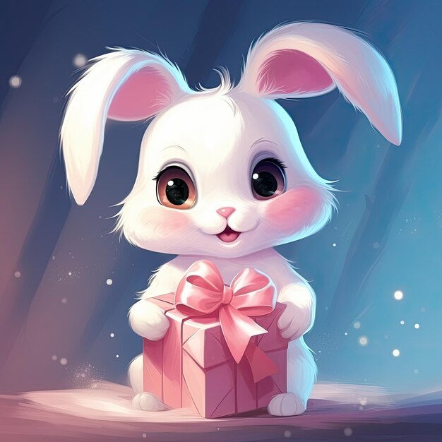 Personnage de dessin animé lapin mignon ou lapin avec boîte à cadeaux félicitations et concept de cadeau IA générative