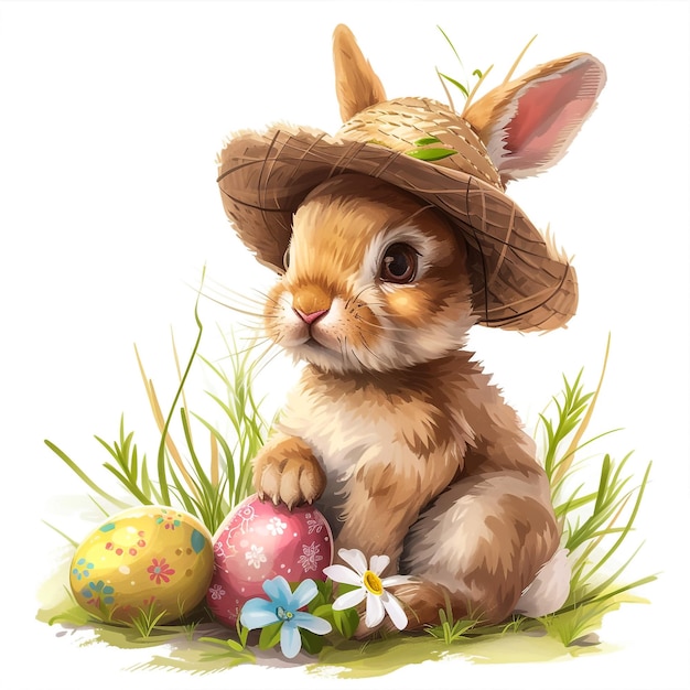 Un personnage de dessin animé de lapin de Pâques tenant un panier rempli d'œufs de Pâques peints.
