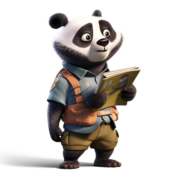 Un personnage de dessin animé avec un livre intitulé panda.