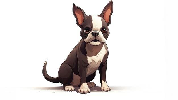 Un personnage de dessin animé ludique de Boston Terrier s'ébattre dans des espaces blancs