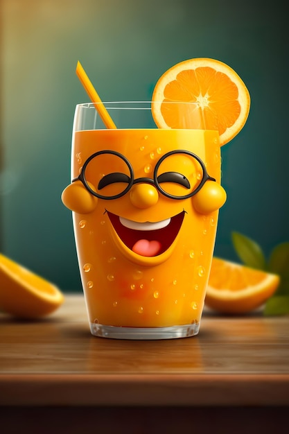 Un personnage de dessin animé avec des lunettes et un verre de jus d'orange.