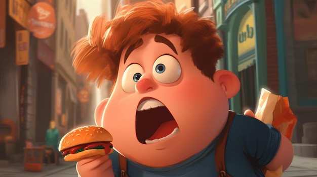 Un personnage de dessin animé mangeant un hamburger devant un magasin appelé la vie secrète des animaux de compagnie