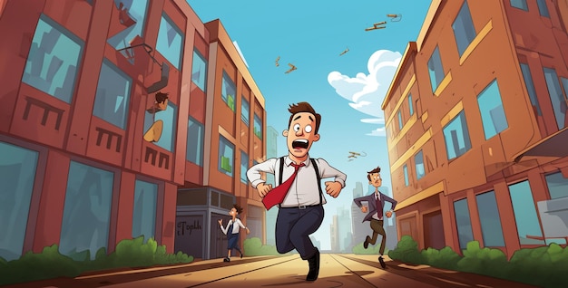 Photo personnage de dessin animé marchant dans la ville personnage de cartoon fuyant le personnel du bâtiment