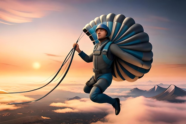 personnage de dessin animé masculin 3d parachutisme