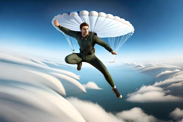 personnage de dessin animé masculin 3d parachutisme