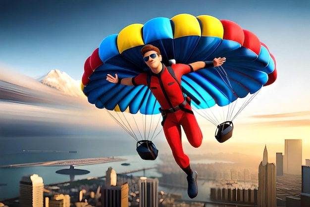Photo personnage de dessin animé masculin 3d parachutisme