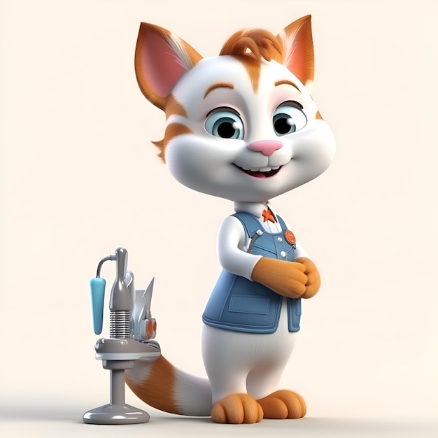 Personnage de dessin animé d'un mécanicien chat avec une clé en 3D