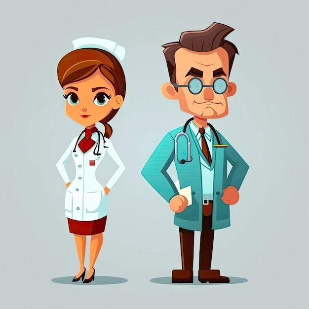 Personnage de dessin animé de médecin et infirmière vector illustration fond blanc Fait par AIIntelligence artificielle