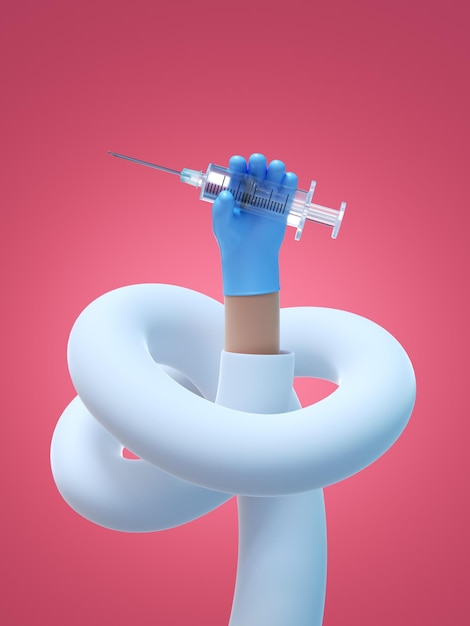 personnage de dessin animé médecin main désossée flexible porte un gant en latex bleu tient une seringue avec vaccin