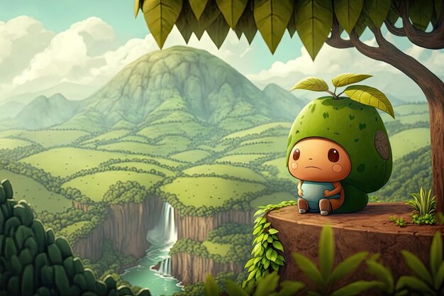 Personnage de dessin animé mignon assis sur une feuille avec vue sur la forêt pittoresque