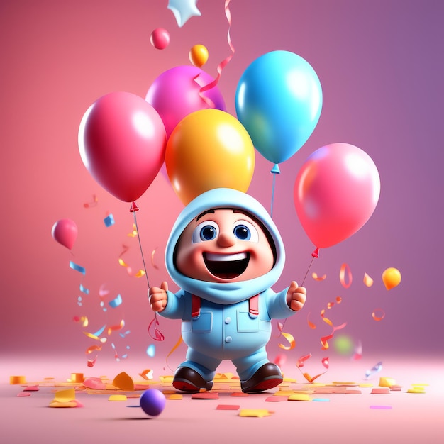 personnage de dessin animé mignon avec des ballons et un fond festif personnage de cartoon mignon avec un ballon