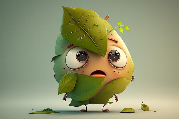 Personnage de dessin animé mignon avec des feuilles faisant la grimace