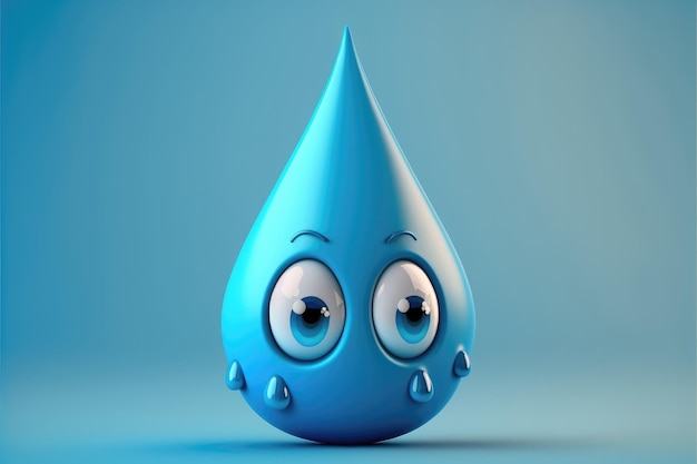 Personnage de dessin animé mignon goutte d'eau 3D sur fond bleu